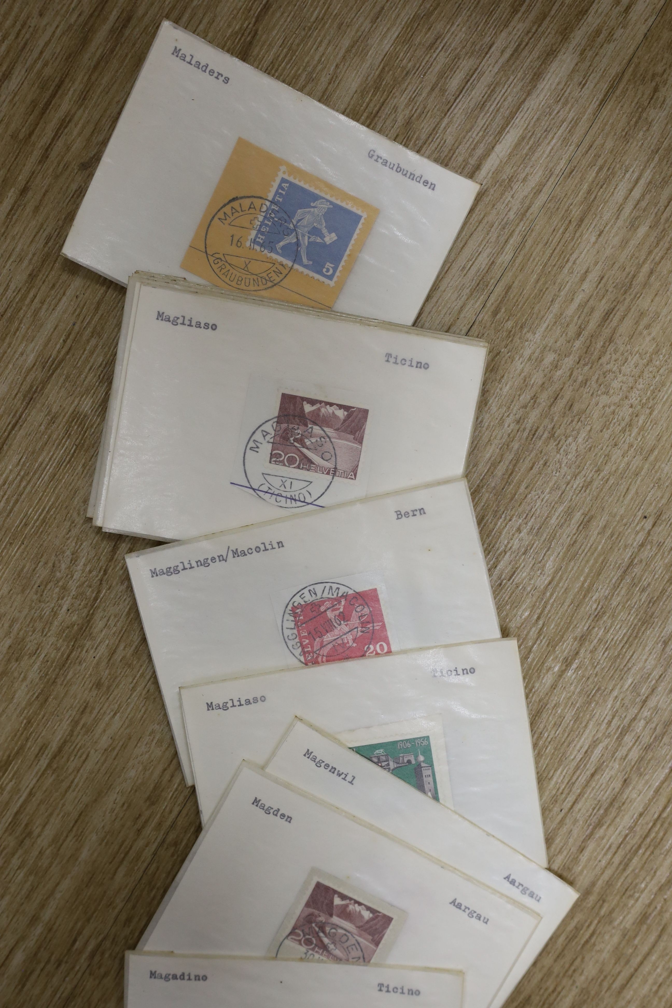 Switzerland postmarks on piece A-Z, mostly 1950's-60's in 16 file drawers, remarkable assembly looks like every post office operating at the time (two boxes)